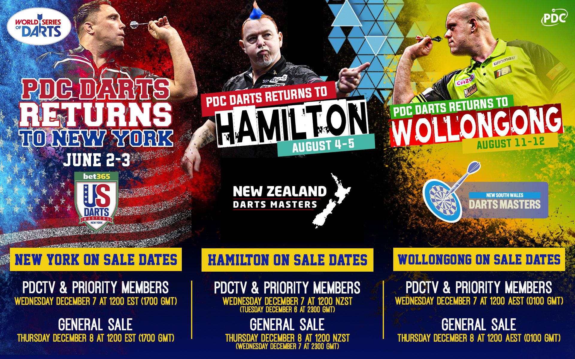 New York, Wollongong & Hamilton 2023 ticket info confirmed PDC